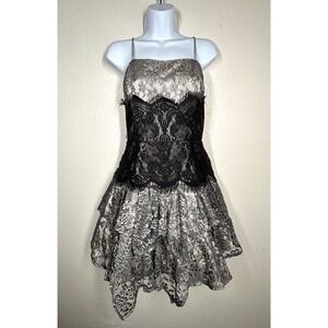 VTG Y2K Cindy Black Lace Overlay Tiered Ruffle Mini Dress XL Spaghetti Formal EC